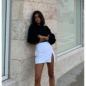 Lioness the Lola White Mini Skirt High Waisted Front Slit Cotton Twill Size S